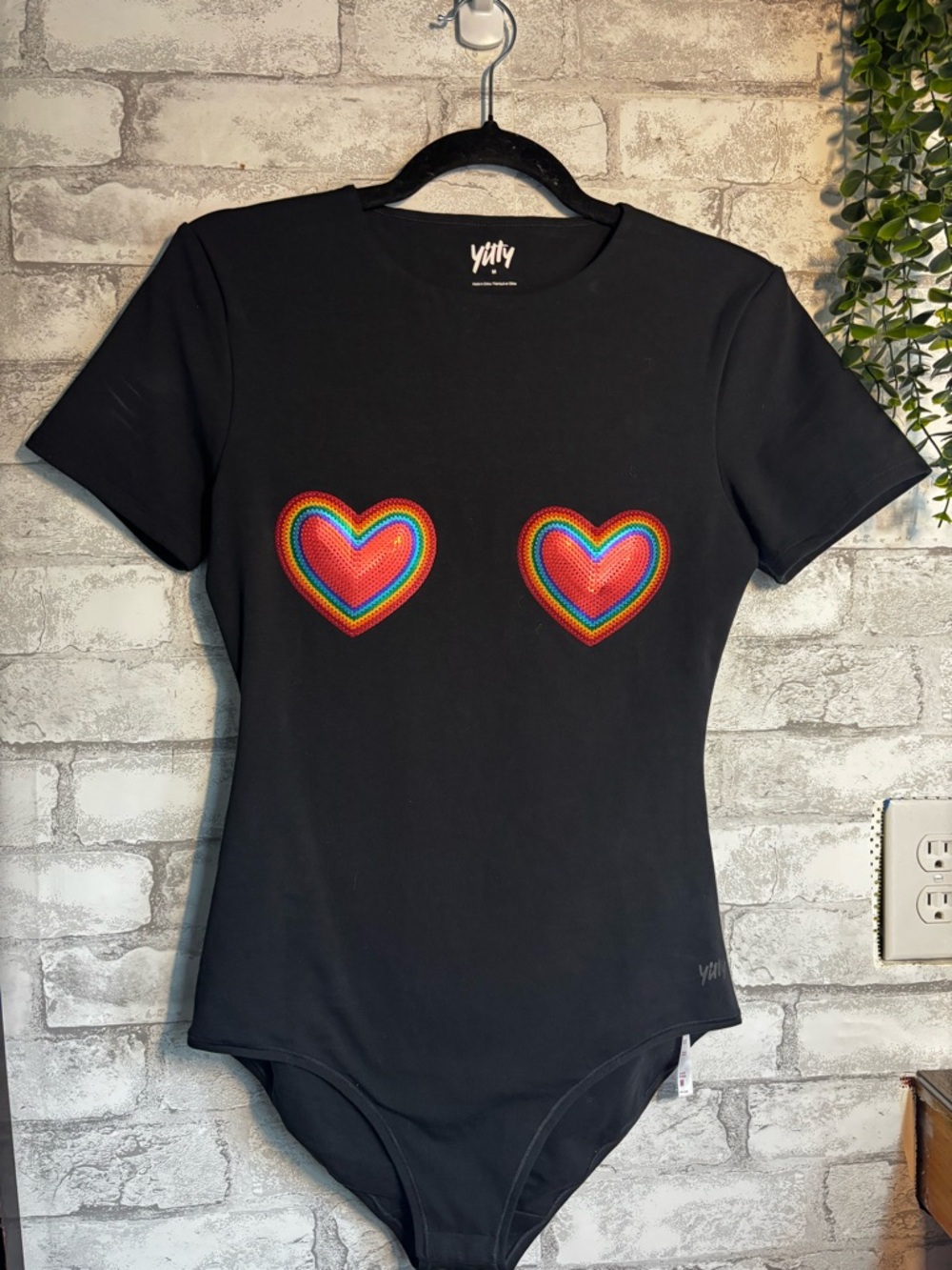 YITTY Black Short Sleeve Bodysuit with Rainbow Heart Appliqués